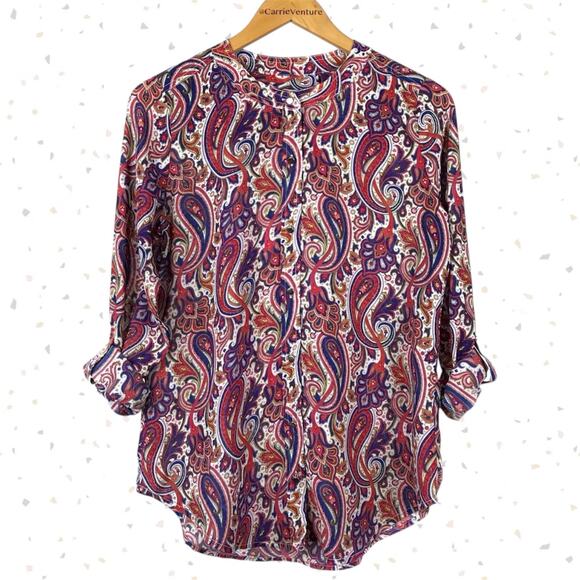 Liz Claiborne Paisley Floral Jewel Tone Blouse Fall Print Roll Up Sleeves Size S - Picture 1 of 10